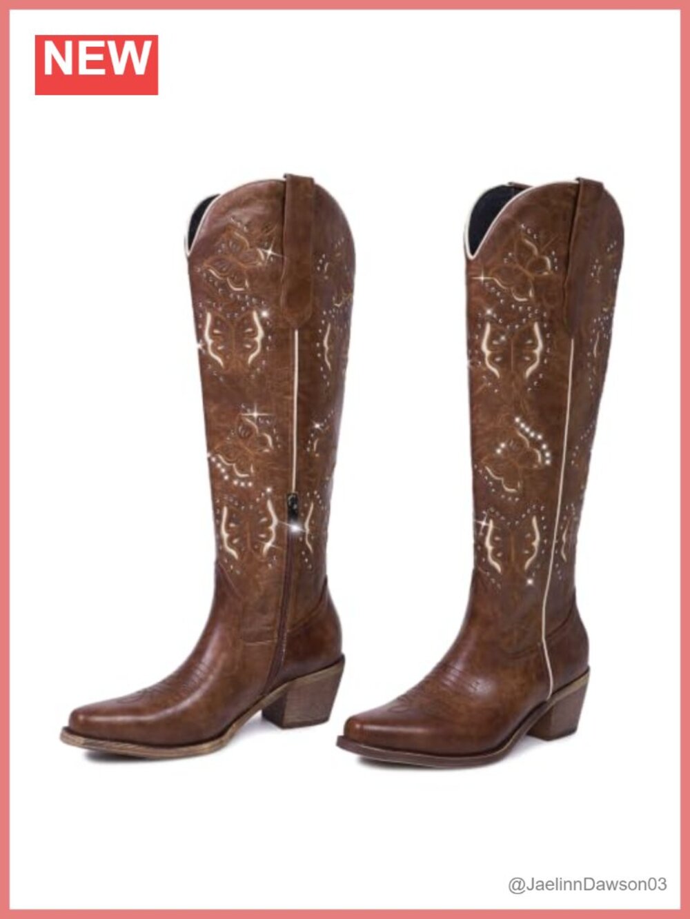 Knee High Cowboy Boots Faux Leather Snip Toe Western Butterfly Rhinestone
